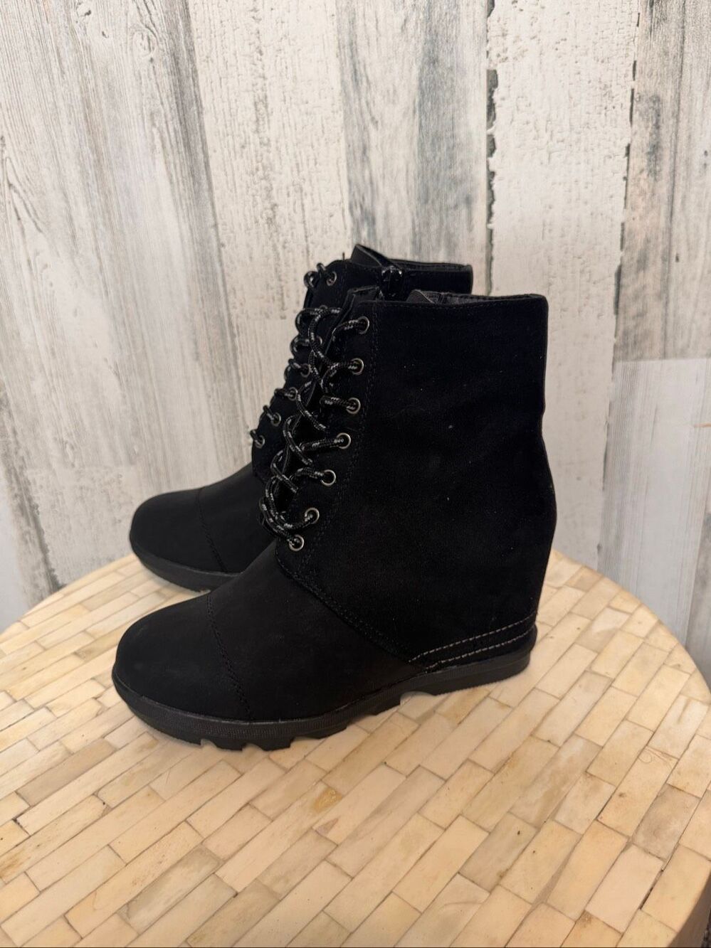 Serra Black Faux Suede Lace Up Wedge Booties Side Zip Lug Sole Ankle Boots 7